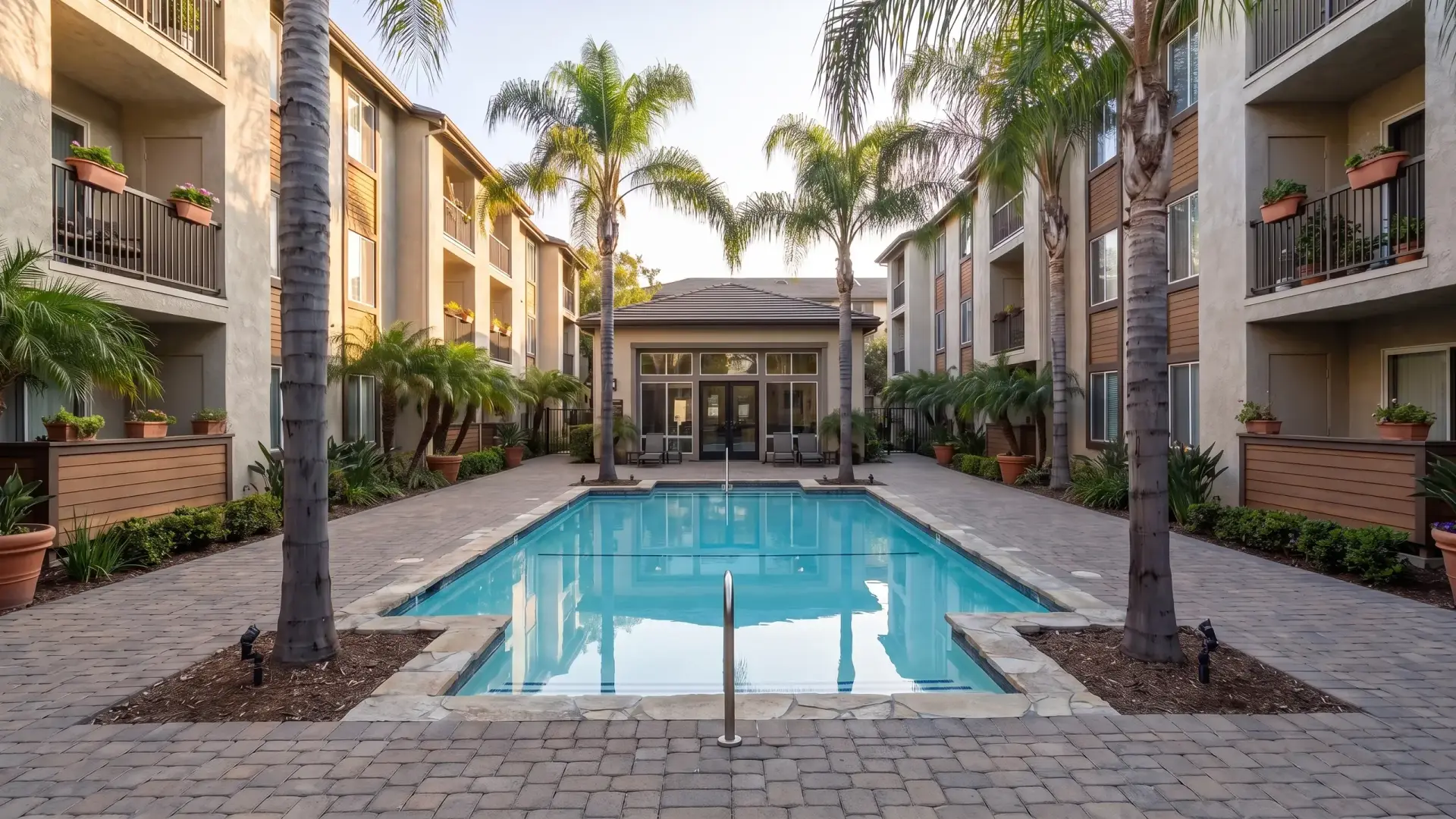 An apartment courtyard pool framed by palms and balconies