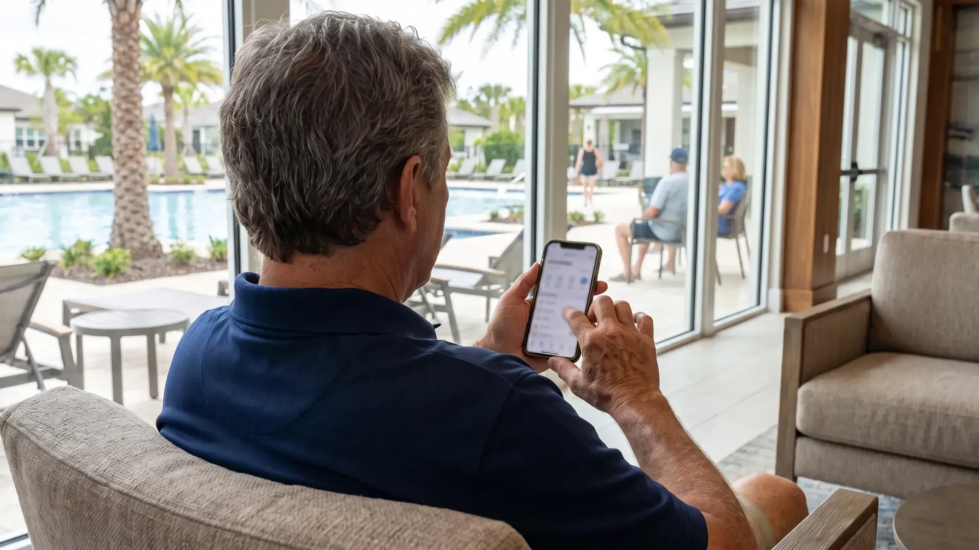 A board member reading his phone in a bright clubhouse lounge