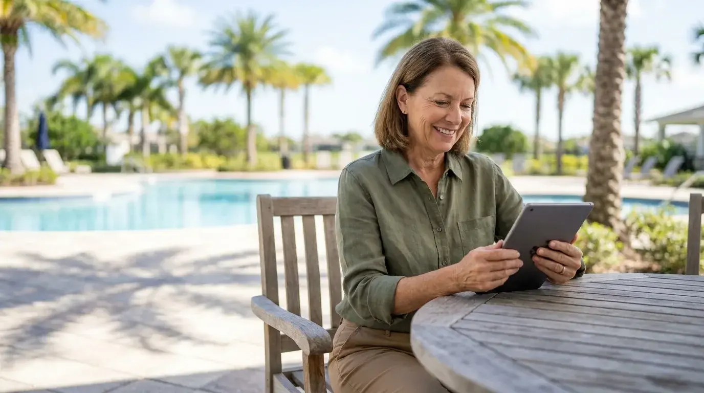A board member reviewing the community calendar on a tablet beside the pool