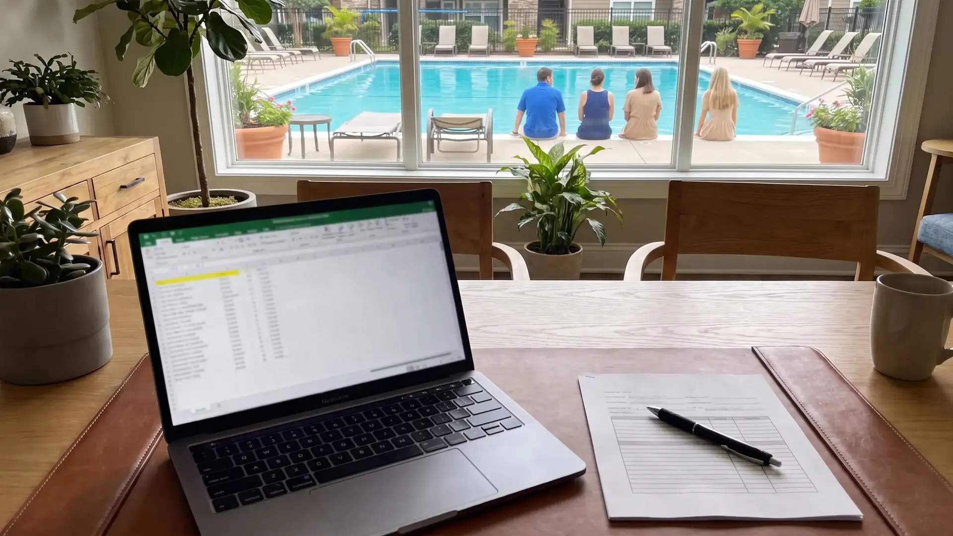 A laptop open on a desk inside a clubhouse, with the pool beyond the window