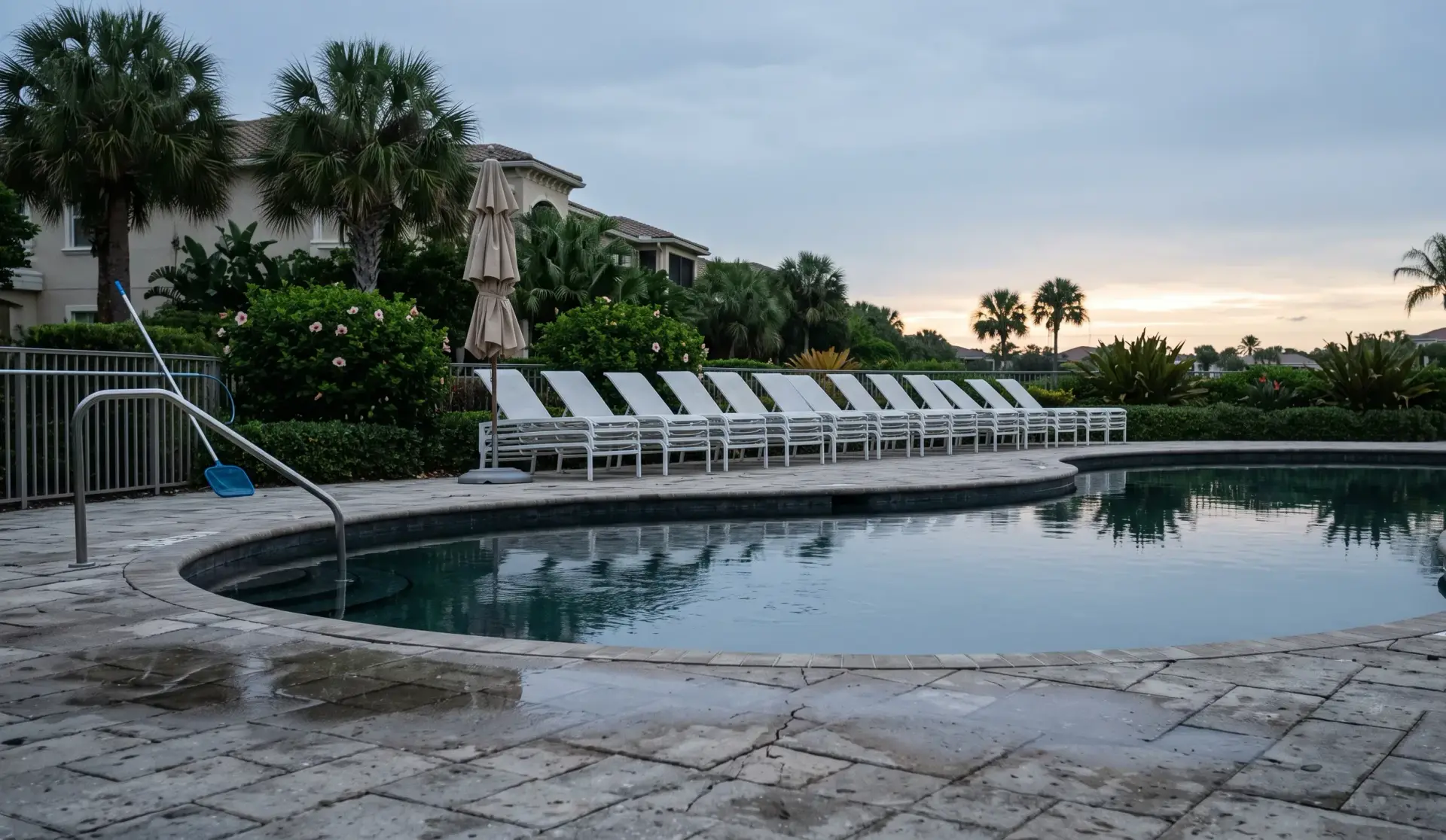 An empty community pool deck with lounge chairs at the water