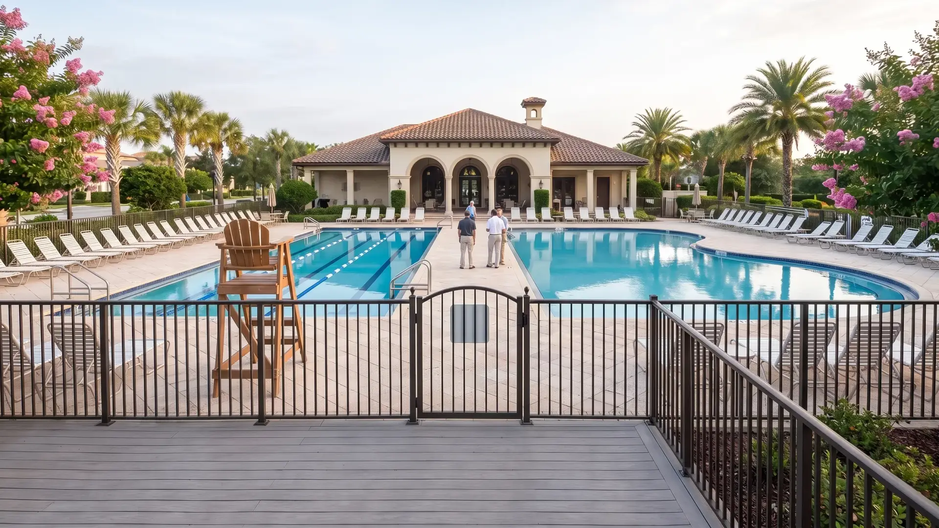 A community pool behind a black iron fence, with the clubhouse beyond