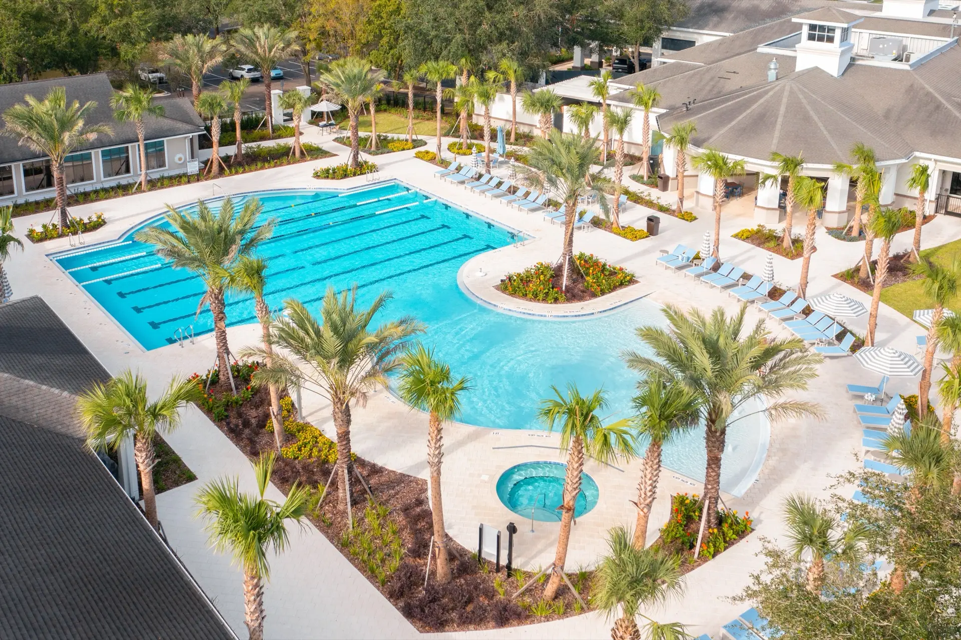 A resort pool with cabanas and palms, seen from above
